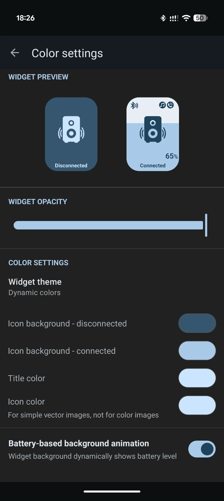 Colour settings screen with a widget preview for connected and disconnected states, opacity slider, colour pickers and a battery-based background animation toggle.