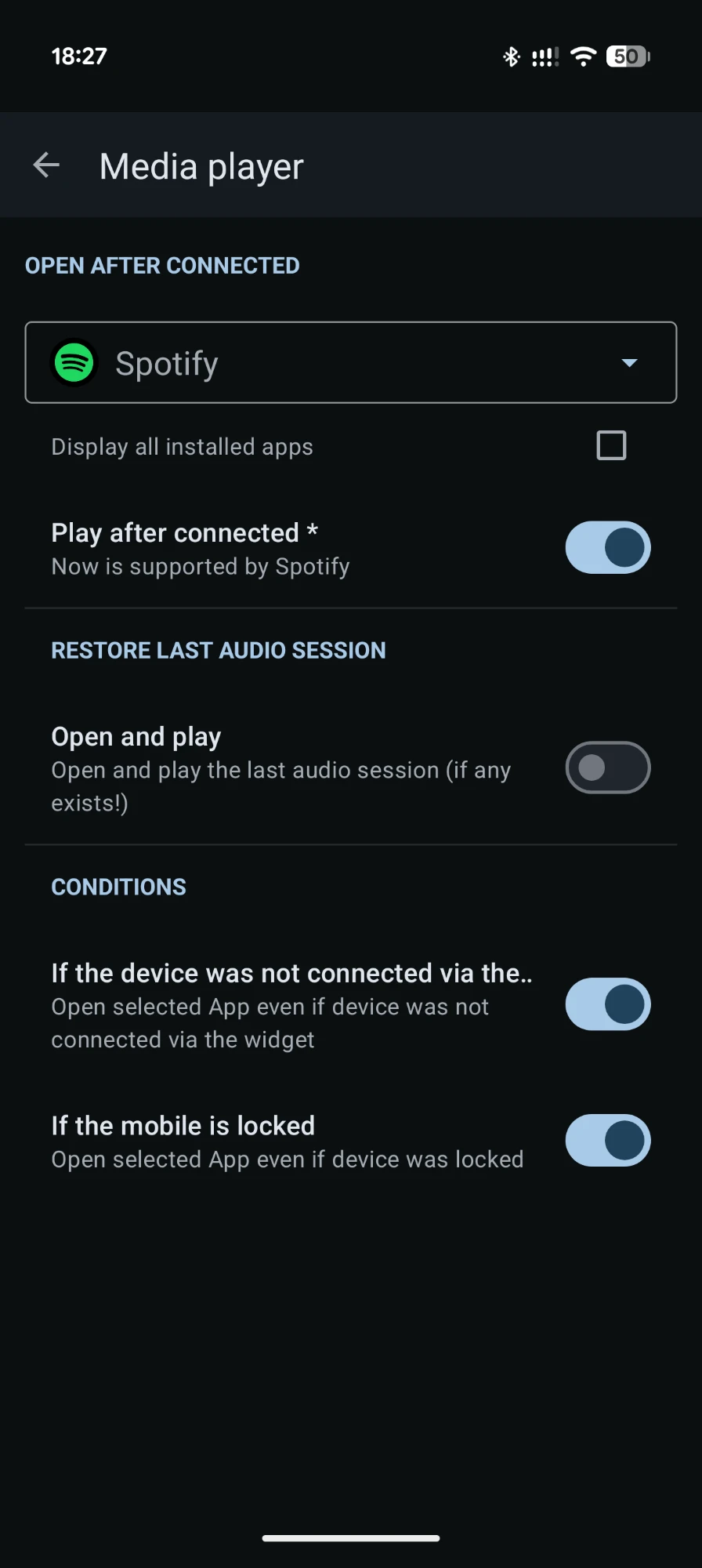 Media player settings with Spotify selected to open after connecting, play-after-connected enabled, and conditions for when the device wasn't connected via the widget or the phone is locked.
